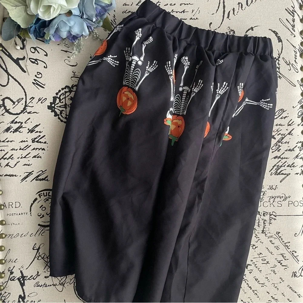 Tween Girl Halloween Skeleton Pumpkin Graphic Print Elastic Waist Skirt